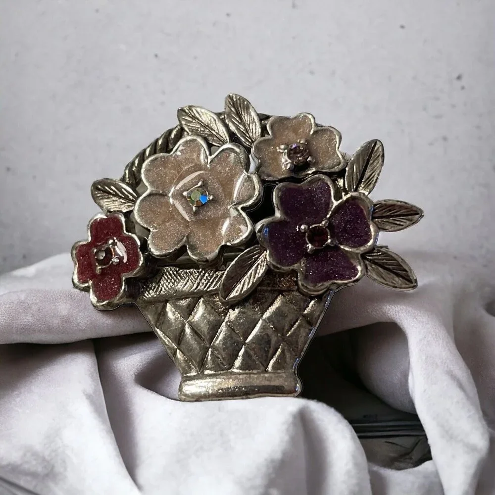 Liz Claiborne Shimmer Enamel Flower Basket Brooch w/‎ AB Rhinestones Silver Tone